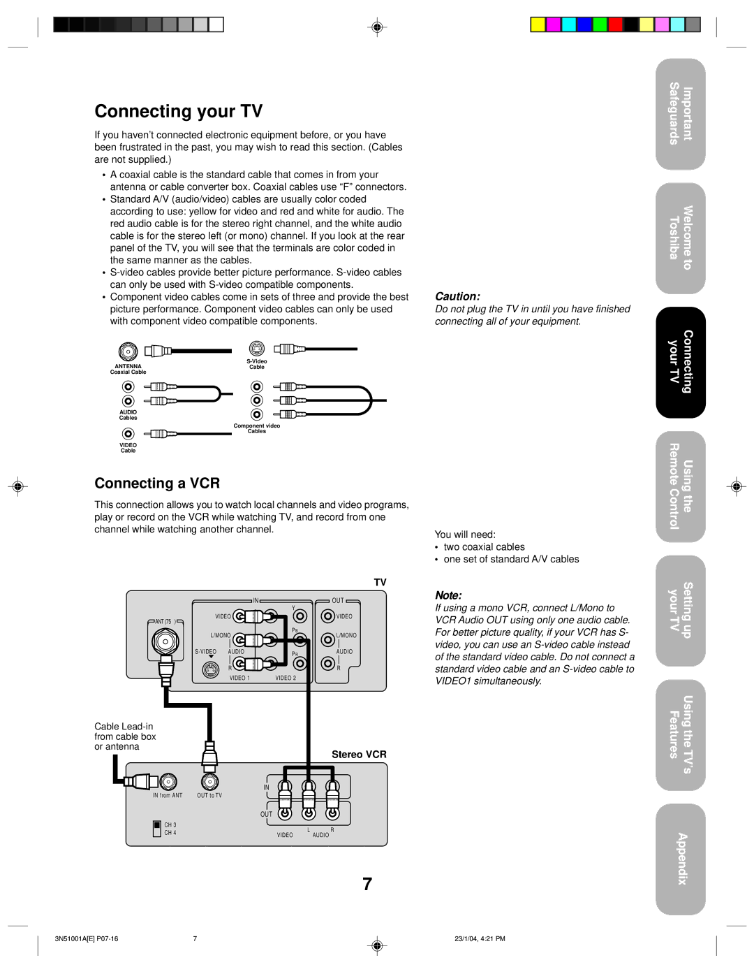 Toshiba 32A14 appendix Connecting your TV, Connecting a VCR, With component video compatible components, Stereo VCR 