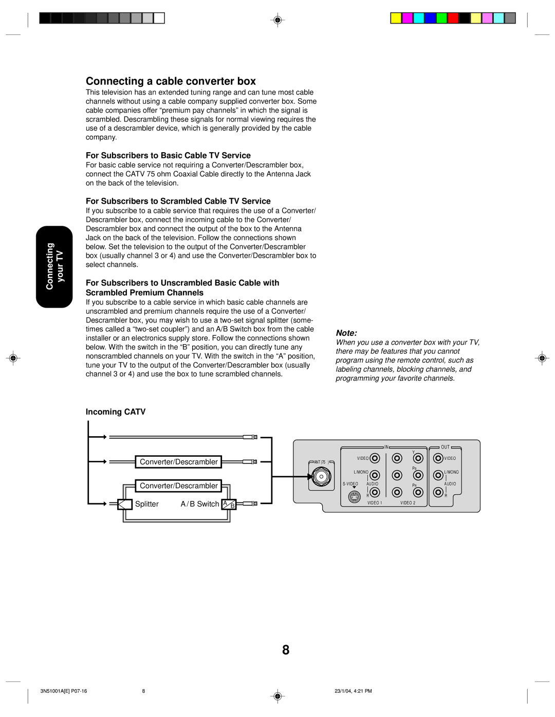 Toshiba 32A14 appendix Connecting a cable converter box, Converter/Descrambler Splitter Switch a B 