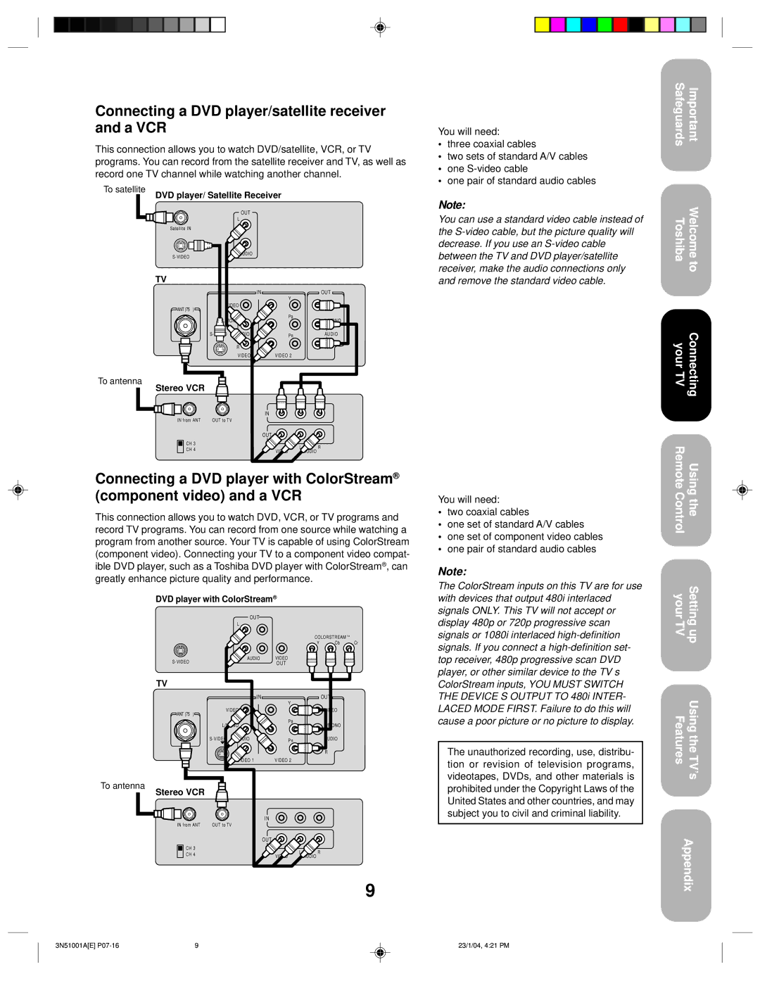 Toshiba 32A14 appendix Connecting a DVD player/satellite receiver and a VCR, To satellite DVD player/ Satellite Receiver 