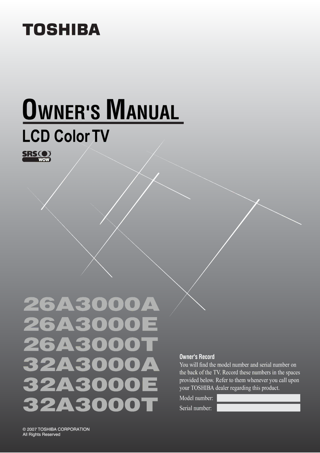 Toshiba owner manual 26A3000A 26A3000E 26A3000T 32A3000A 32A3000E 32A3000T 