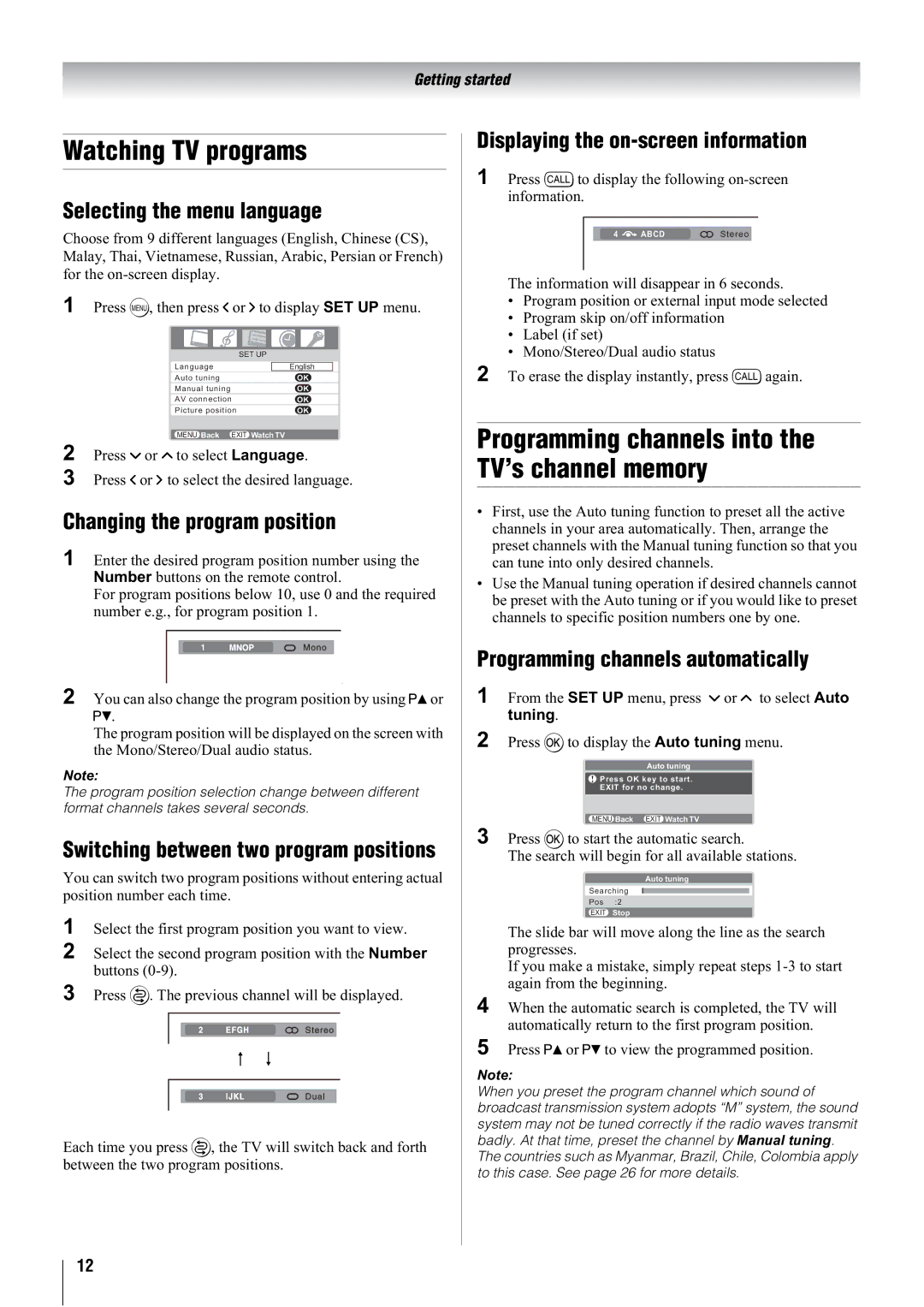 Toshiba 32A3000A, 32A3000T, 32A3000E Watching TV programs, Selecting the menu language, Changing the program position 