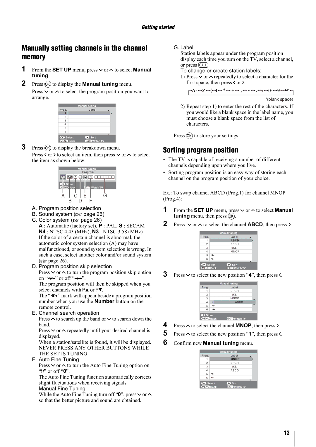 Toshiba 32A3000T, 32A3000A, 32A3000E, 26A3000A Manually setting channels in the channel memory, Sorting program position 