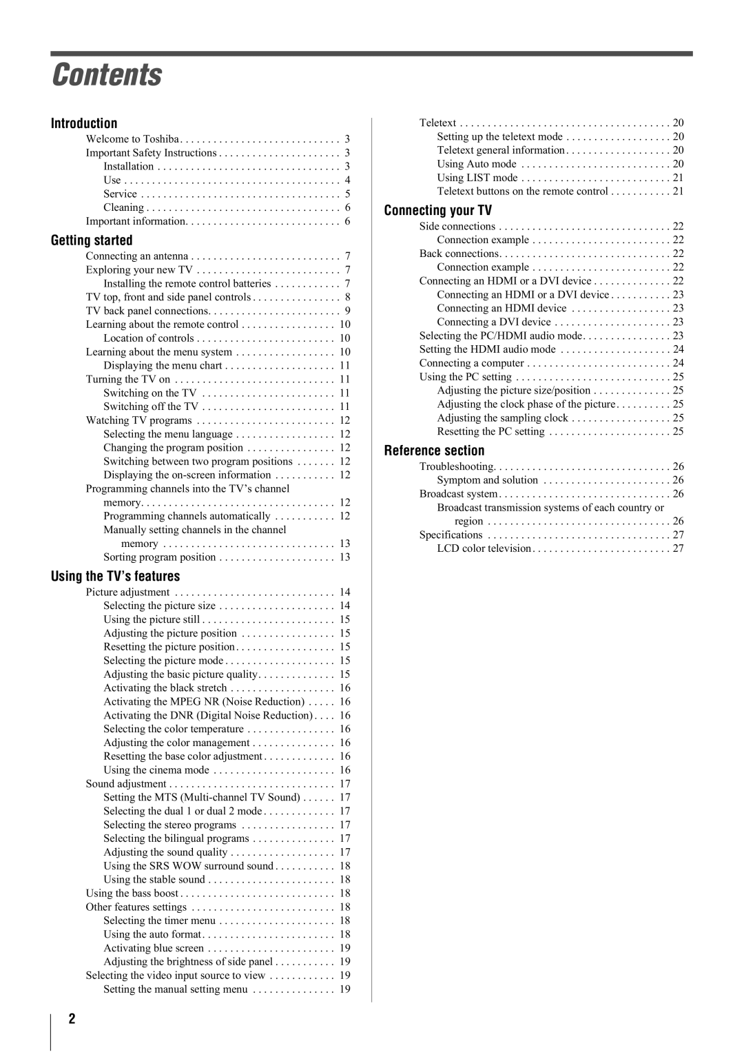 Toshiba 32A3000E, 32A3000A, 32A3000T, 26A3000A, 26A3000T, 26A3000E owner manual Contents 