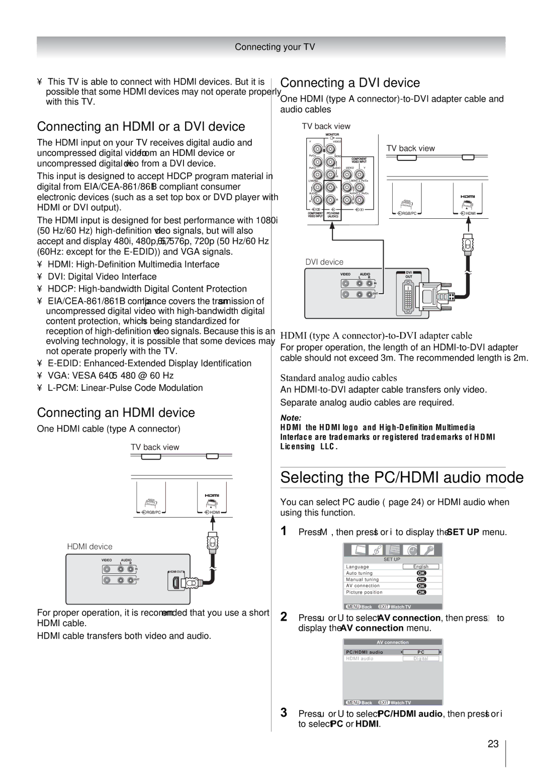 Toshiba 26A3000E, 32A3000A Selecting the PC/HDMI audio mode, Connecting an Hdmi or a DVI device, Connecting an Hdmi device 