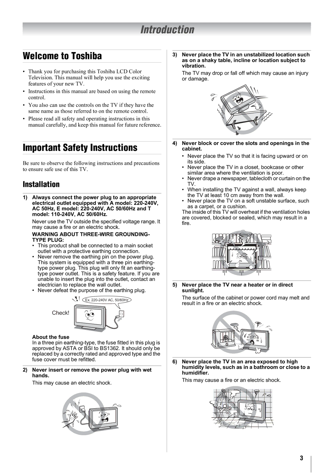 Toshiba 26A3000A, 32A3000A, 32A3000T, 32A3000E Introduction, Welcome to Toshiba, Important Safety Instructions, Installation 