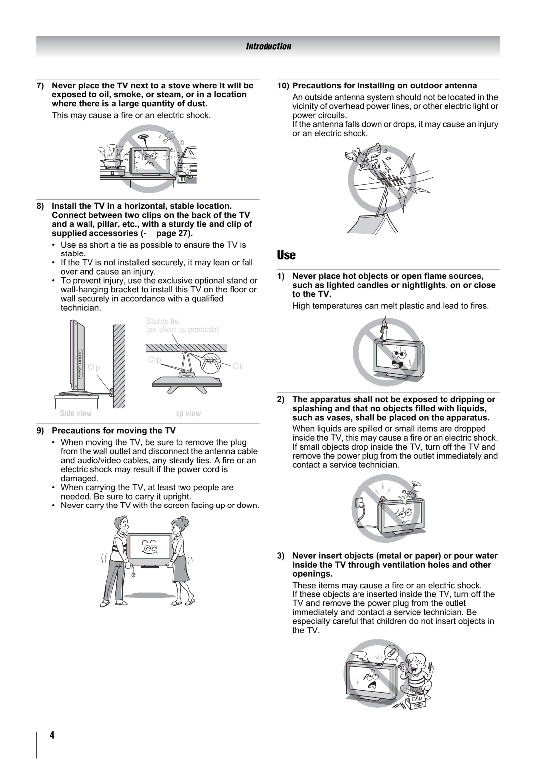 Toshiba 26A3000T, 32A3000A, 32A3000T Use, Precautions for moving the TV, Precautions for installing on outdoor antenna 