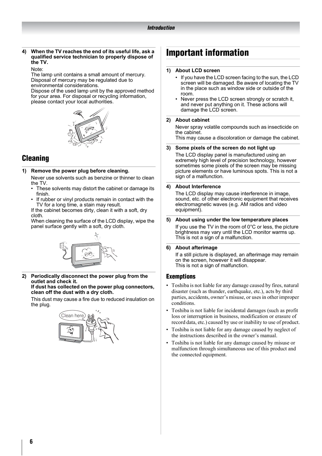 Toshiba 32A3000A, 32A3000T, 32A3000E, 26A3000A, 26A3000T, 26A3000E owner manual Important information, Cleaning 