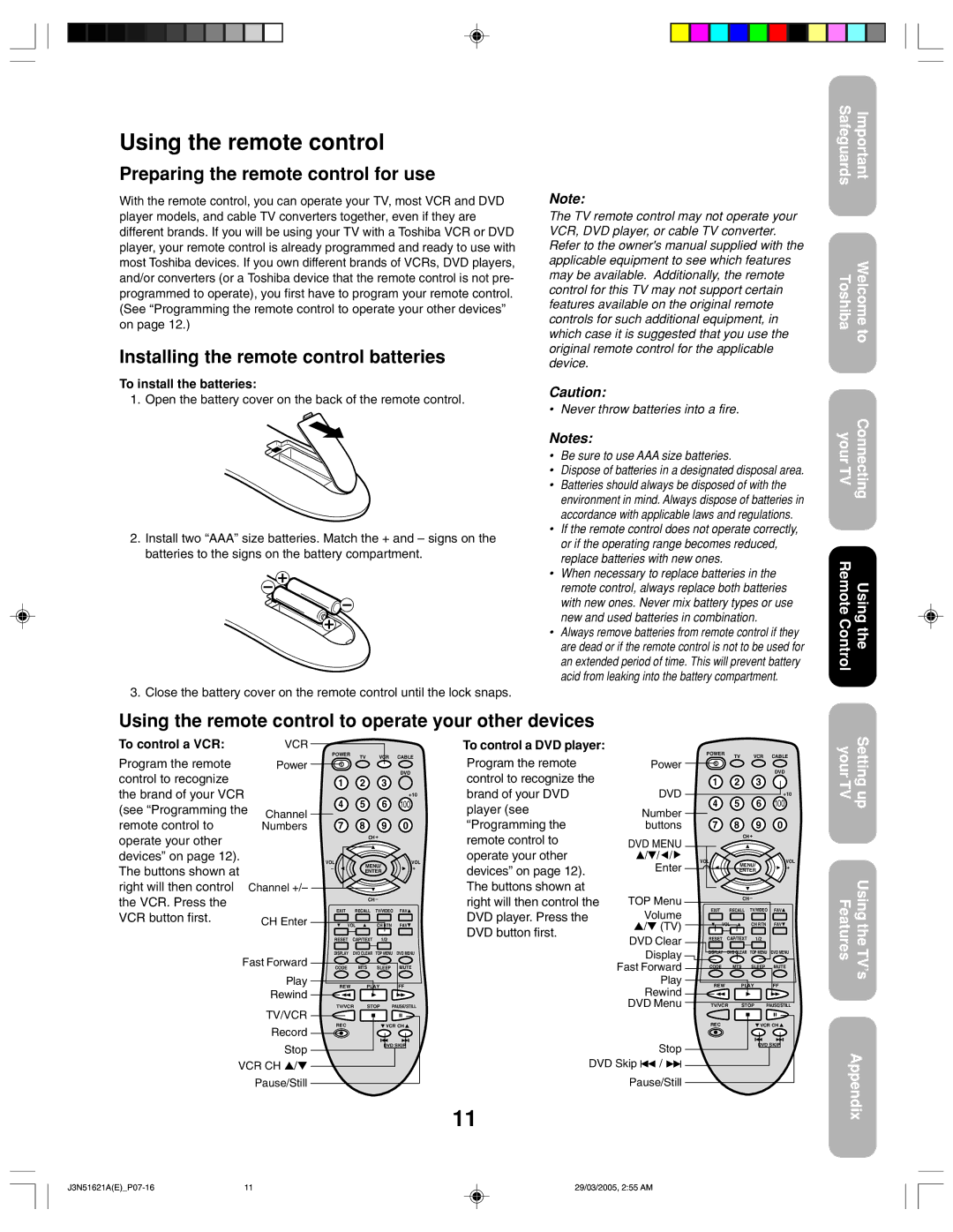 Toshiba 32A35 Using the remote control, Preparing the remote control for use, Installing the remote control batteries 