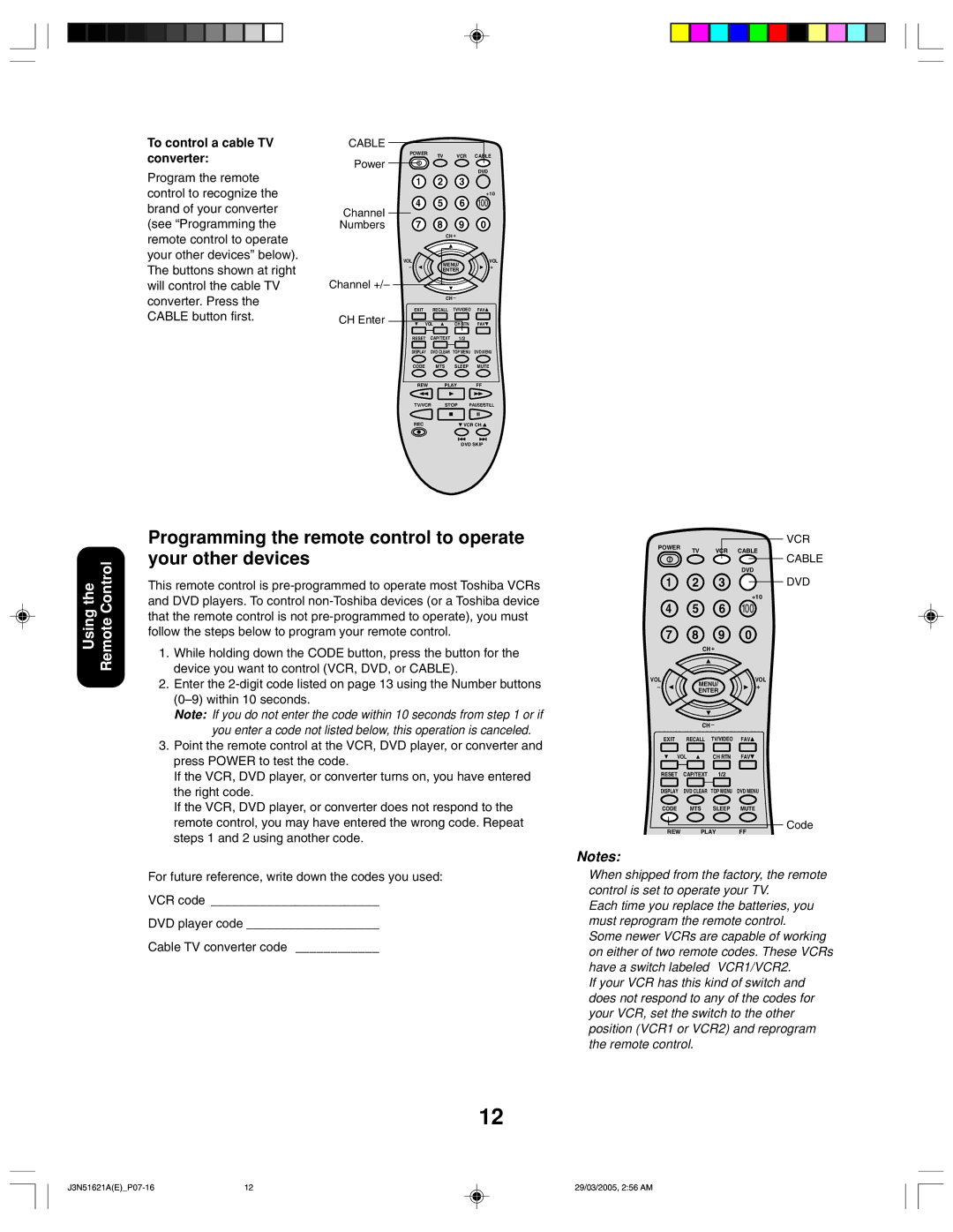 Toshiba 32A35 appendix Programming the remote control to operate your other devices, To control a cable TV converter 