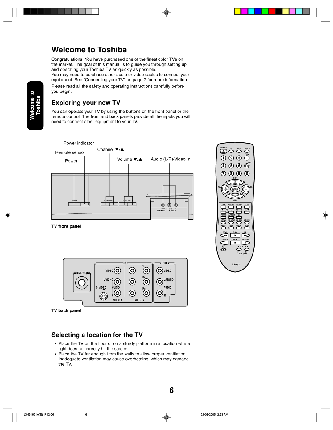 Toshiba 32A35 Welcome to Toshiba, Exploring your new TV, Selecting a location for the TV, TV front panel, TV back panel 