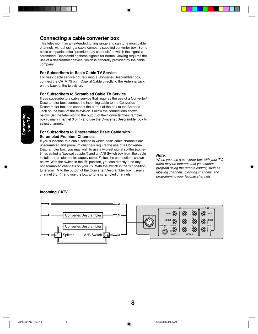 Toshiba 32A35 appendix Connecting a cable converter box, Converter/Descrambler Splitter Switch a B 