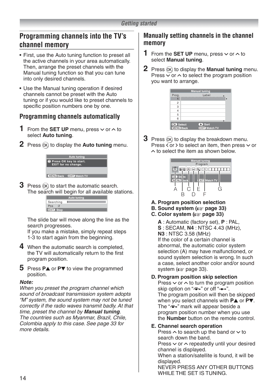 Toshiba 42A3500E, 32A3500A, 32A3500E Programming channels into the TV’s channel memory, Programming channels automatically 