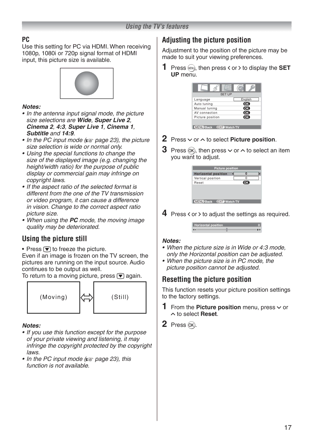 Toshiba 32A3500T, 32A3500A Using the picture still, Adjusting the picture position, Resetting the picture position 