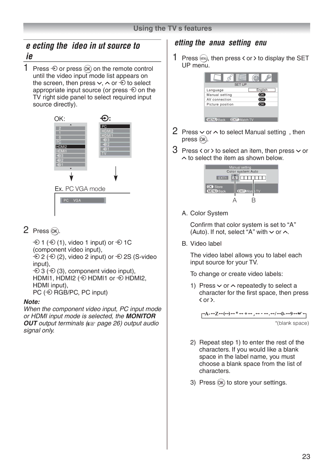 Toshiba 42A3500E, 32A3500A, 32A3500E, 37A3500T Selecting the video input source to view, Setting the manual setting menu 