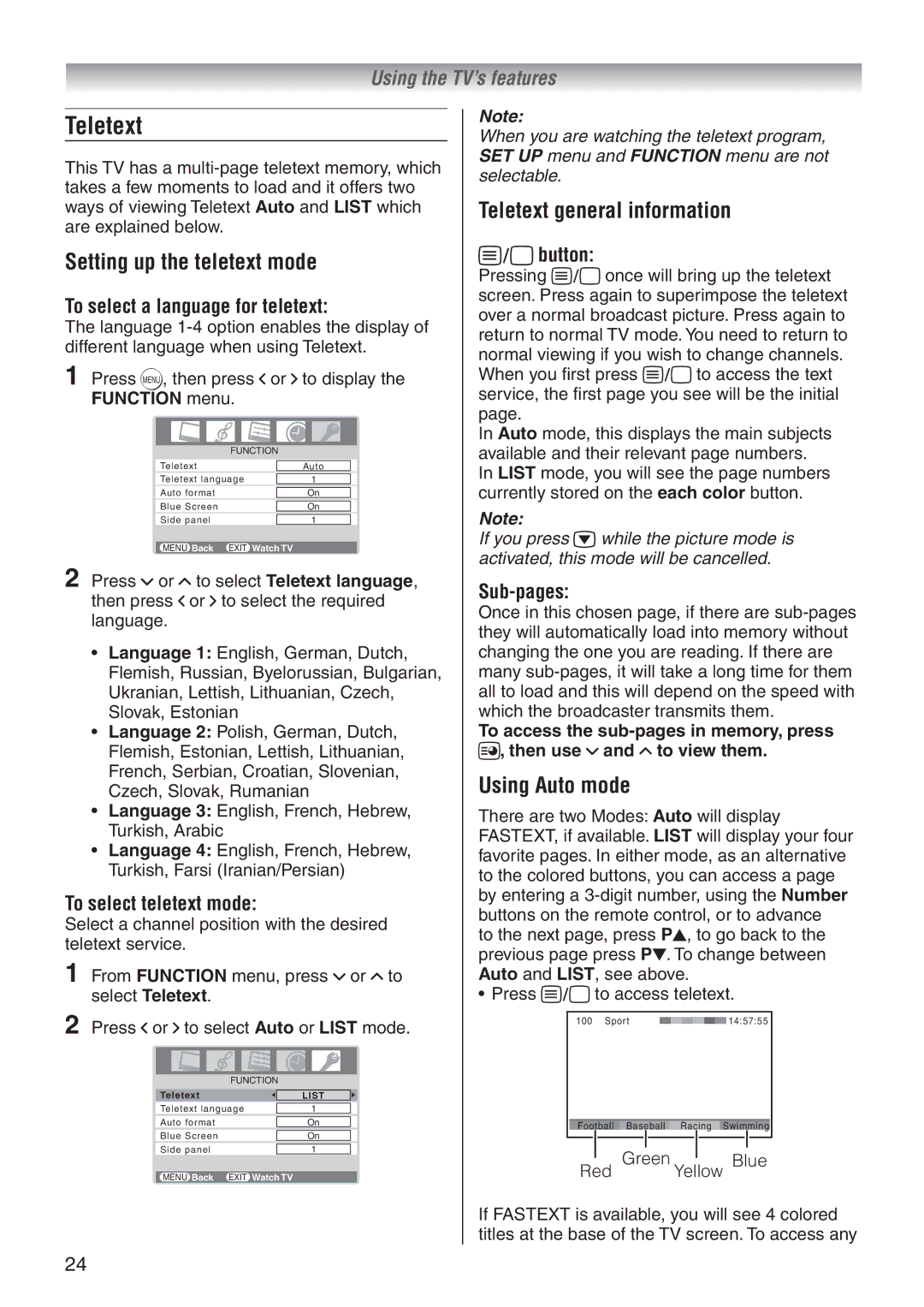 Toshiba 42A3500A, 32A3500A, 32A3500E Setting up the teletext mode, Teletext general information, Using Auto mode 