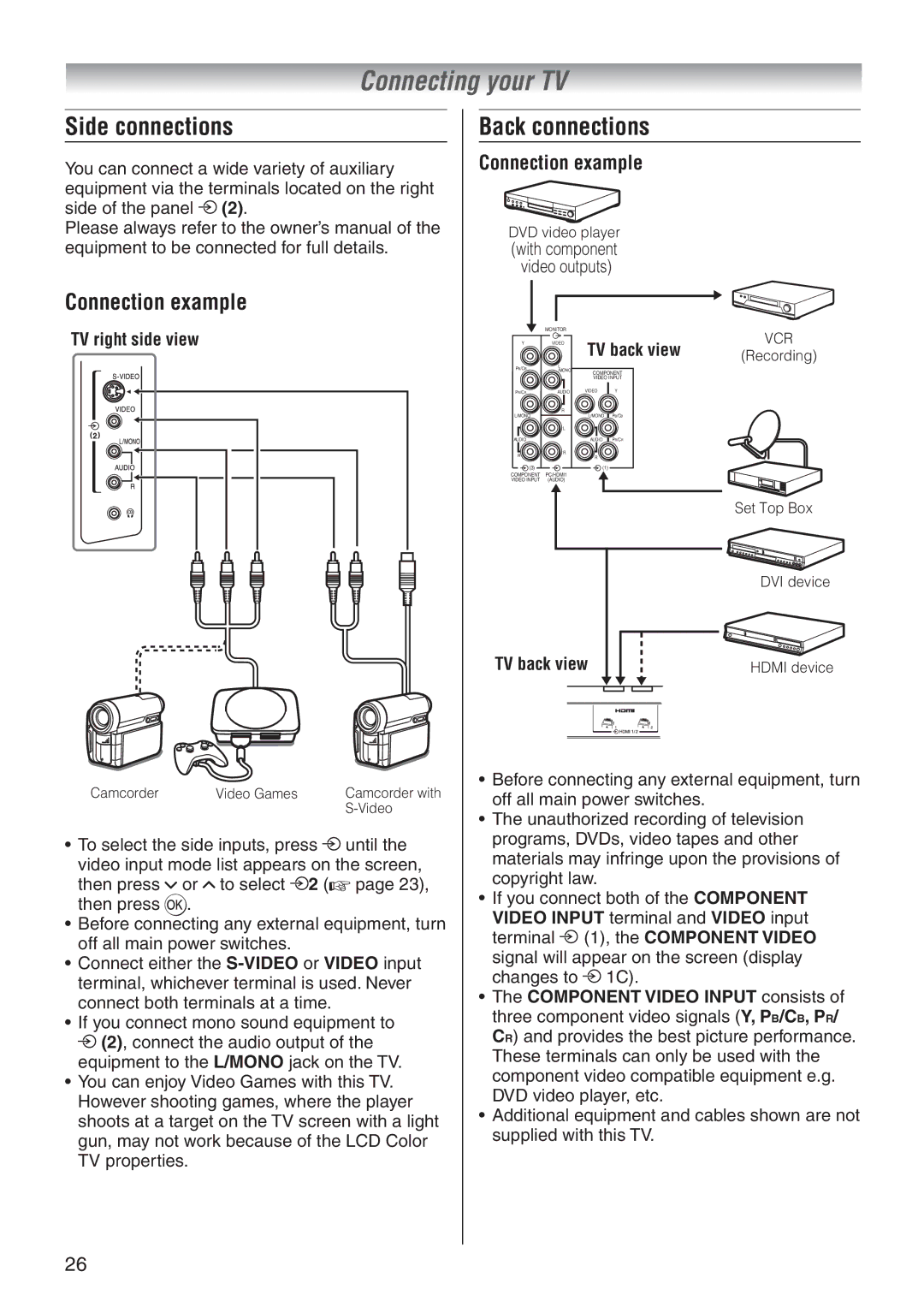 Toshiba 32A3500T, 32A3500A, 32A3500E, 37A3500T Side connections, Back connections, Connection example, TV right side view 