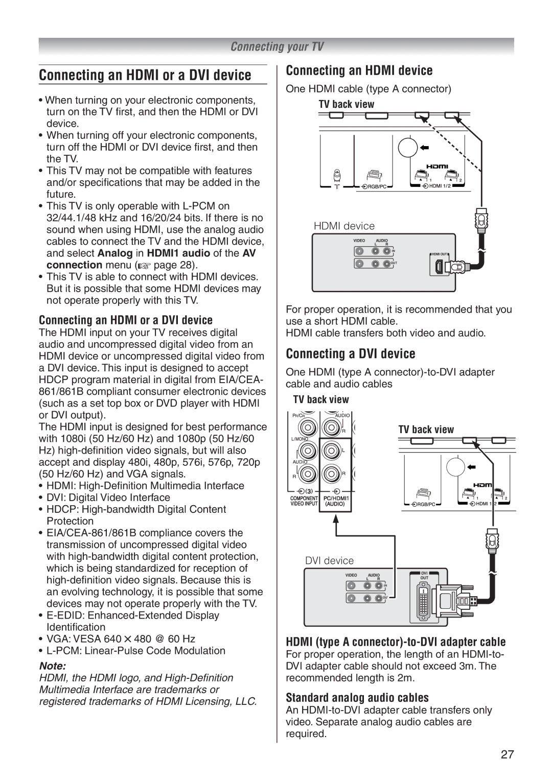 Toshiba 32A3500A, 32A3500E, 37A3500T Connecting an Hdmi device, Connecting a DVI device, Connecting an Hdmi or a DVI device 