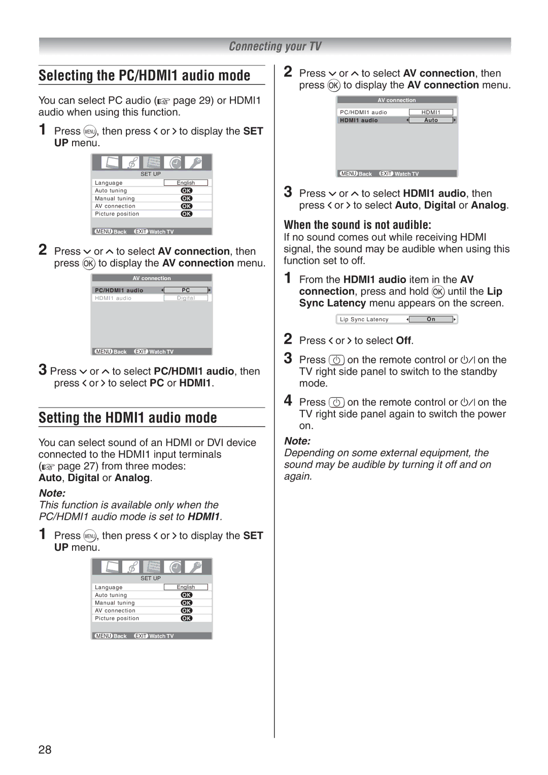 Toshiba 32A3500E, 32A3500A, 37A3500T, 37A3500A, 37A3500E, 42A3500E Setting the HDMI1 audio mode, When the sound is not audible 