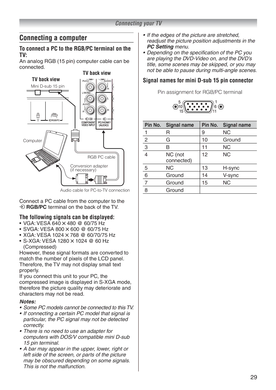 Toshiba 37A3500T, 32A3500A Connecting a computer, To connect a PC to the RGB/PC terminal on the TV, Pin No Signal name 