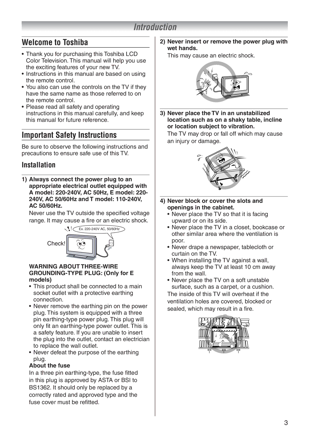 Toshiba 37A3500A, 32A3500A, 32A3500E, 37A3500T, 37A3500E Welcome to Toshiba, Important Safety Instructions, Installation 