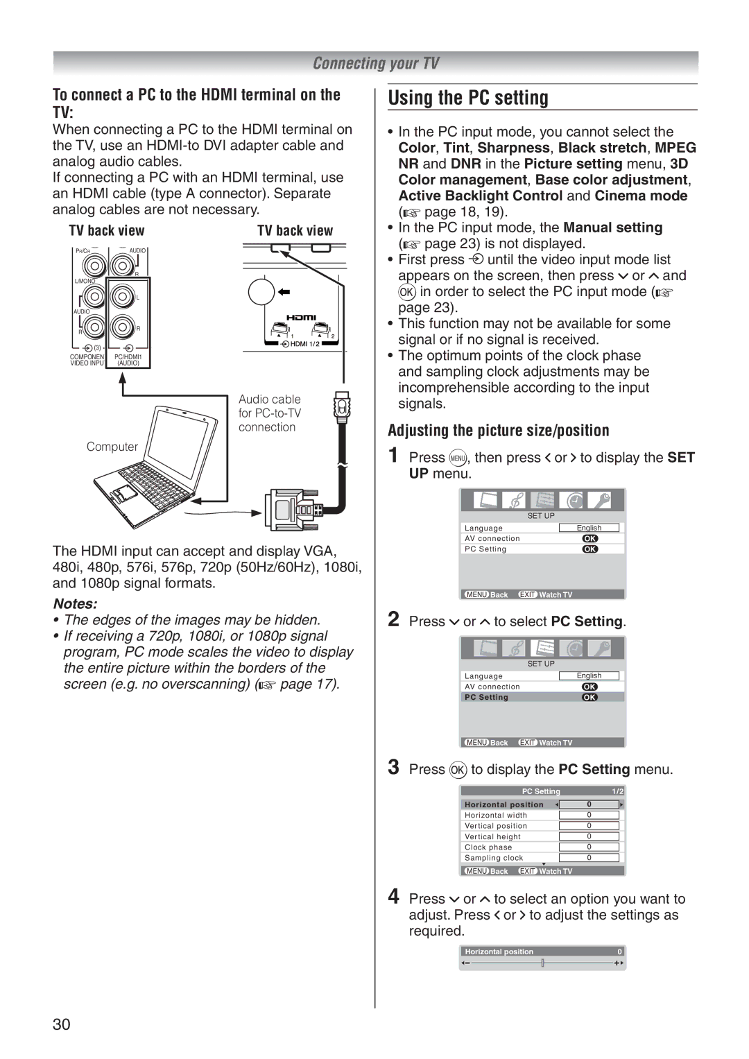 Toshiba 37A3500A Using the PC setting, To connect a PC to the Hdmi terminal on the TV, Adjusting the picture size/position 