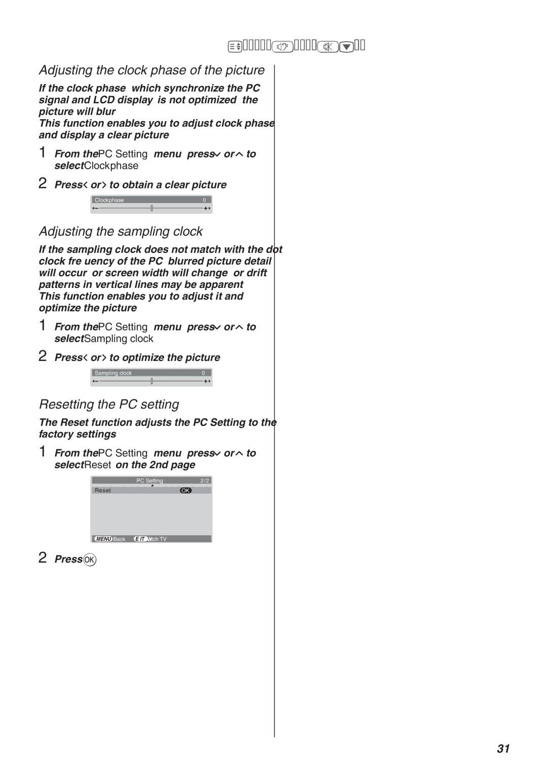 Toshiba 37A3500E Adjusting the clock phase of the picture, Adjusting the sampling clock, Resetting the PC setting 