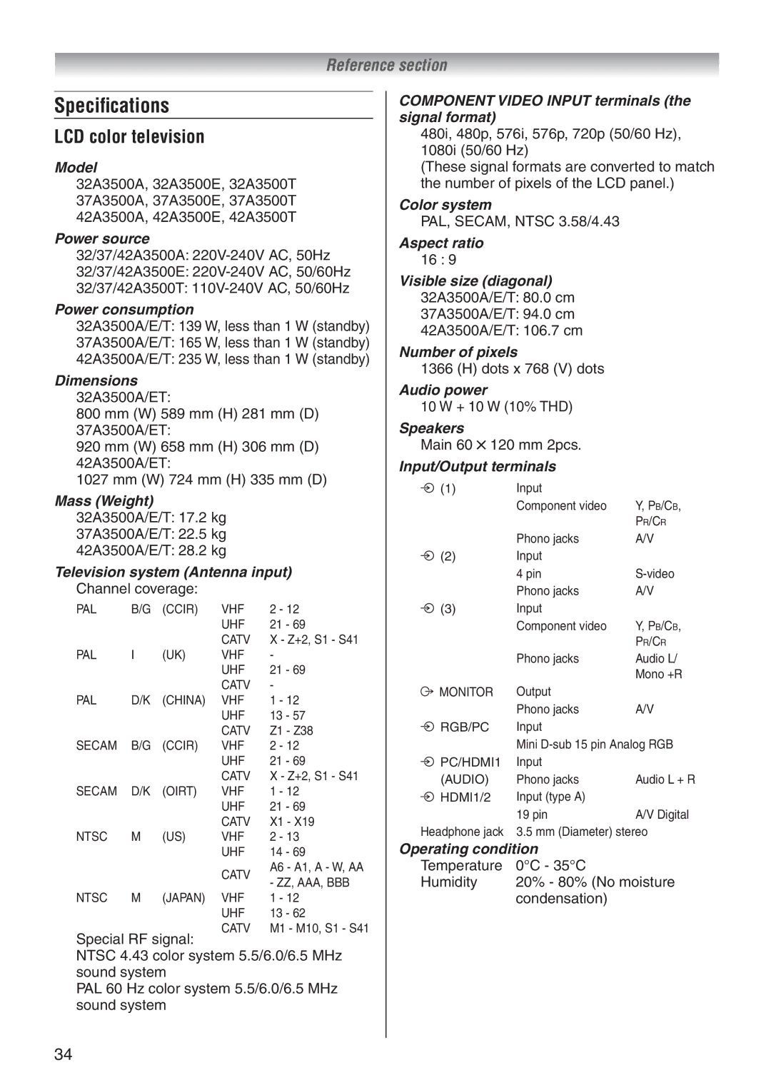 Toshiba 42A3500T, 32A3500A, 32A3500E, 37A3500T, 37A3500A, 37A3500E, 42A3500E, 42A3500A Speciﬁcations, LCD color television 