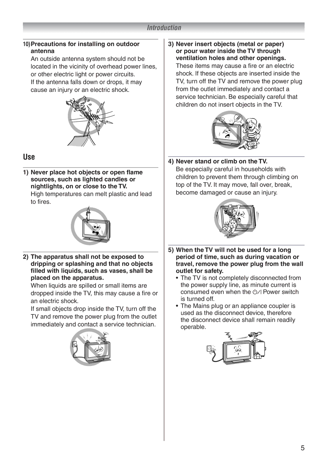 Toshiba 42A3500E, 32A3500A, 32A3500E Use, Precautions for installing on outdoor antenna, Never stand or climb on the TV 