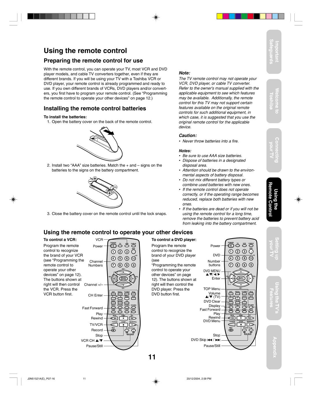 Toshiba 32A35C Using the remote control, Preparing the remote control for use, Installing the remote control batteries 