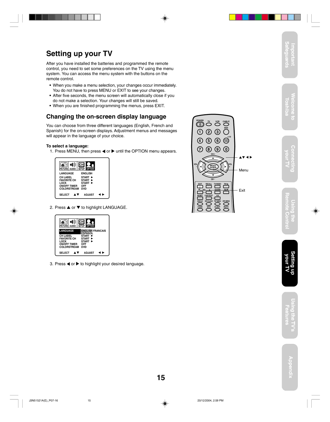 Toshiba 32A35C appendix Setting up your TV, Changing the on-screen display language, To select a language 