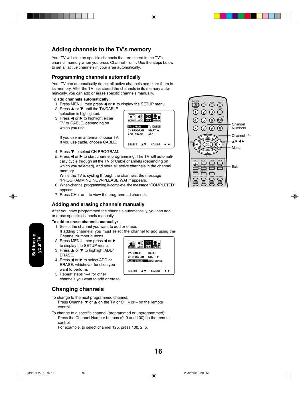 Toshiba 32A35C appendix Adding channels to the TV’s memory, Changing channels, Programming channels automatically 