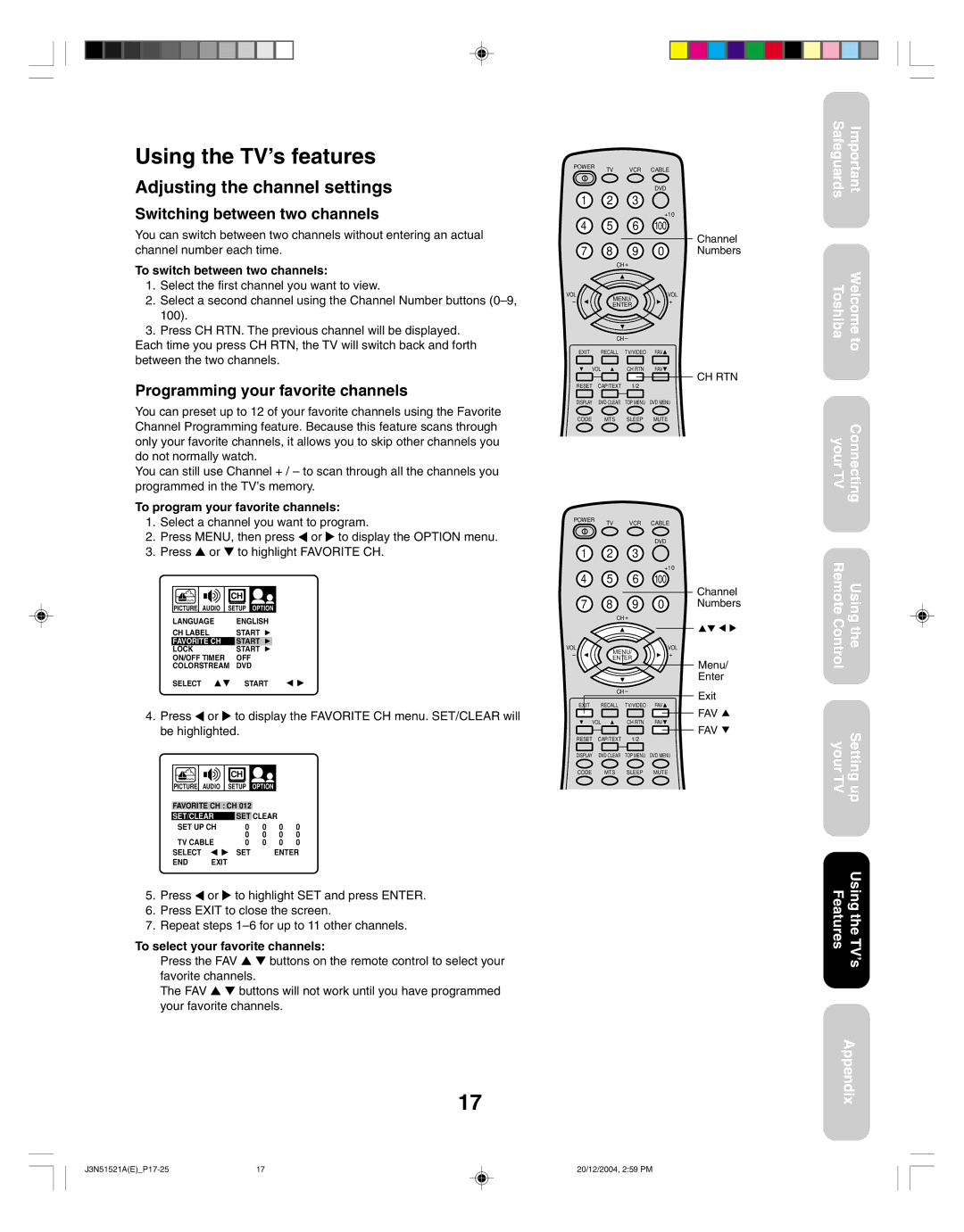 Toshiba 32A35C appendix Using the TV’s features, Adjusting the channel settings, Switching between two channels 