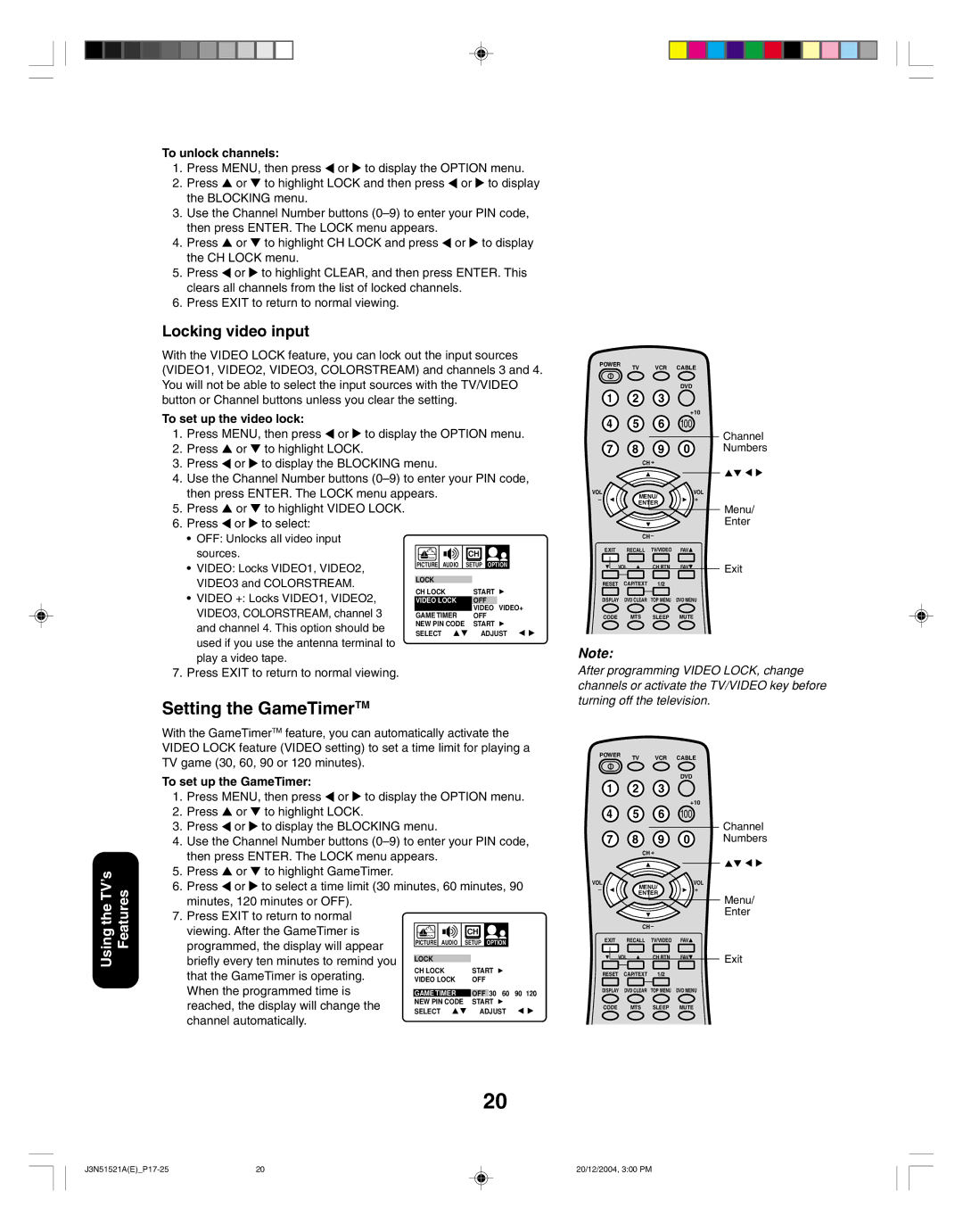 Toshiba 32A35C appendix Setting the GameTimerTM, Locking video input 