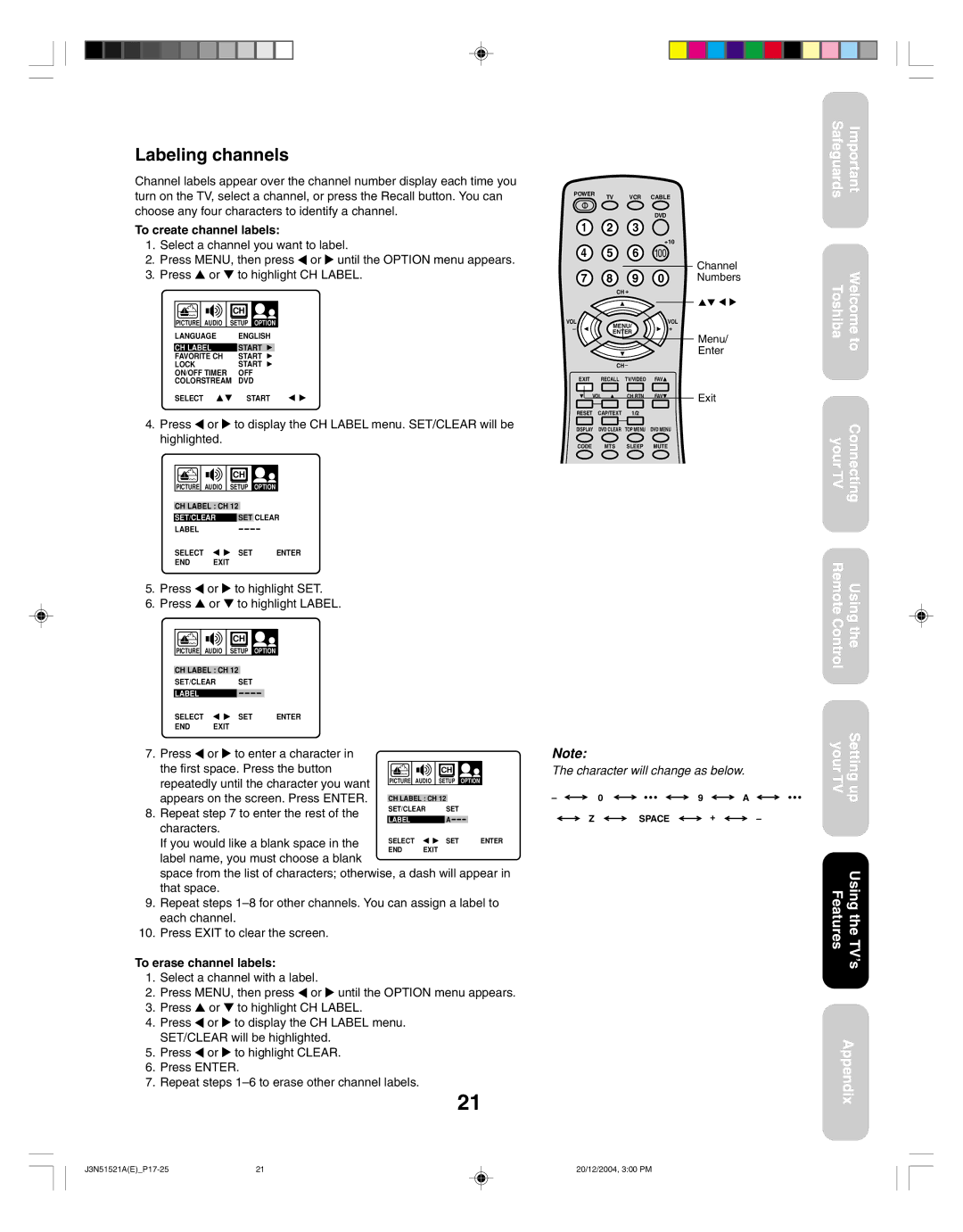 Toshiba 32A35C appendix Labeling channels 