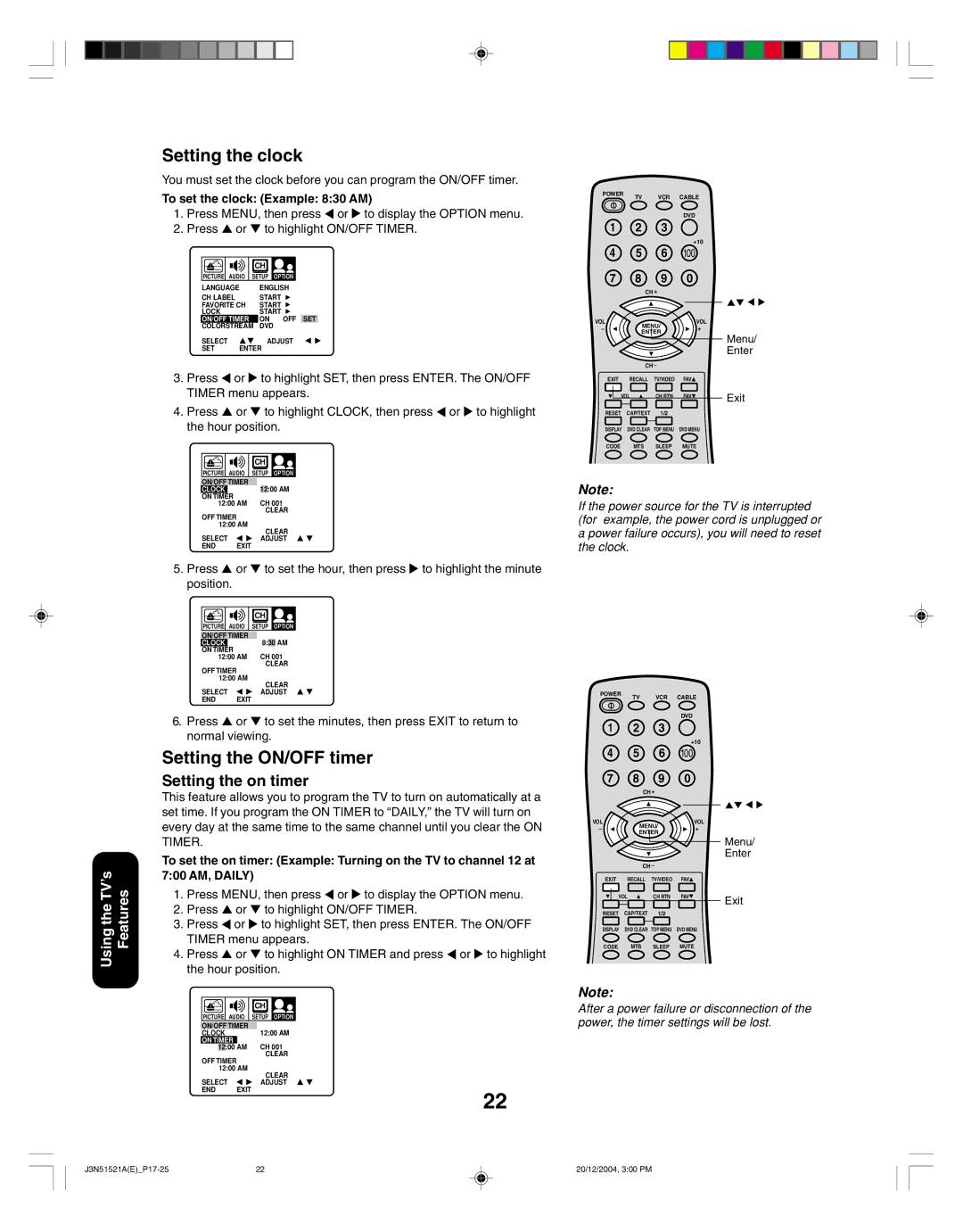 Toshiba 32A35C appendix Setting the clock, Setting the ON/OFF timer, Setting the on timer, To set the clock Example 830 AM 