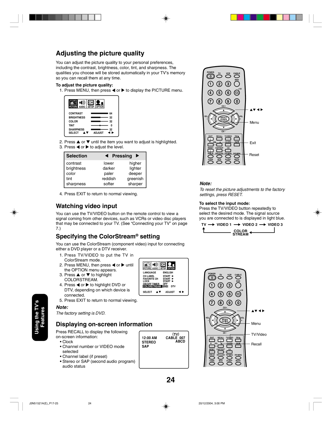 Toshiba 32A35C appendix Watching video input, Specifying the ColorStream setting, Displaying on-screen information 