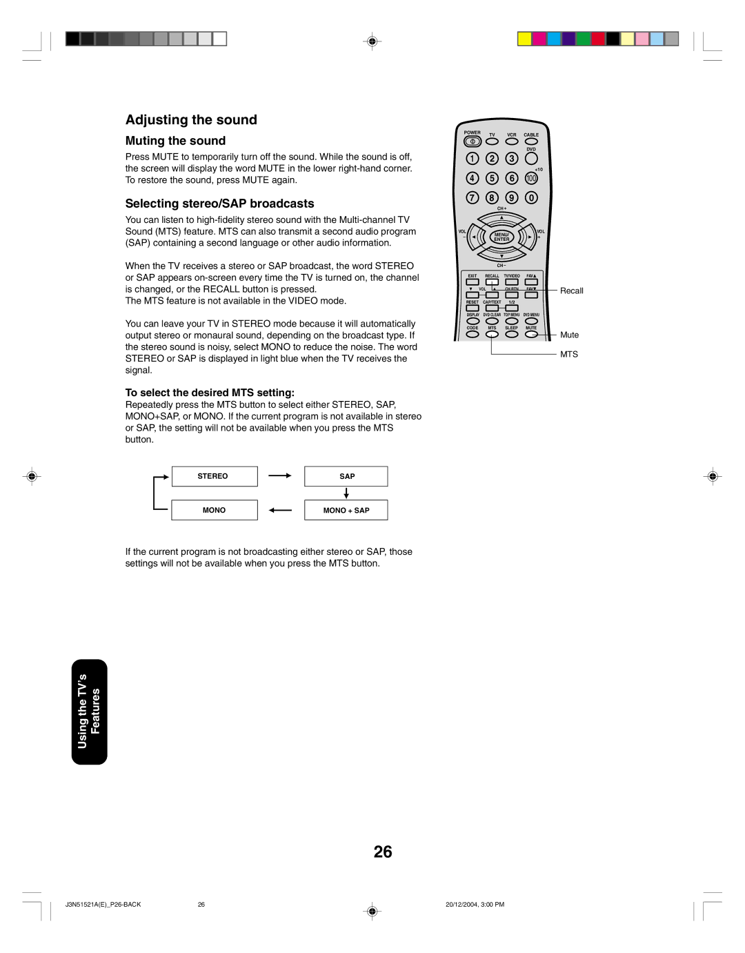 Toshiba 32A35C appendix Adjusting the sound, Muting the sound, Selecting stereo/SAP broadcasts 