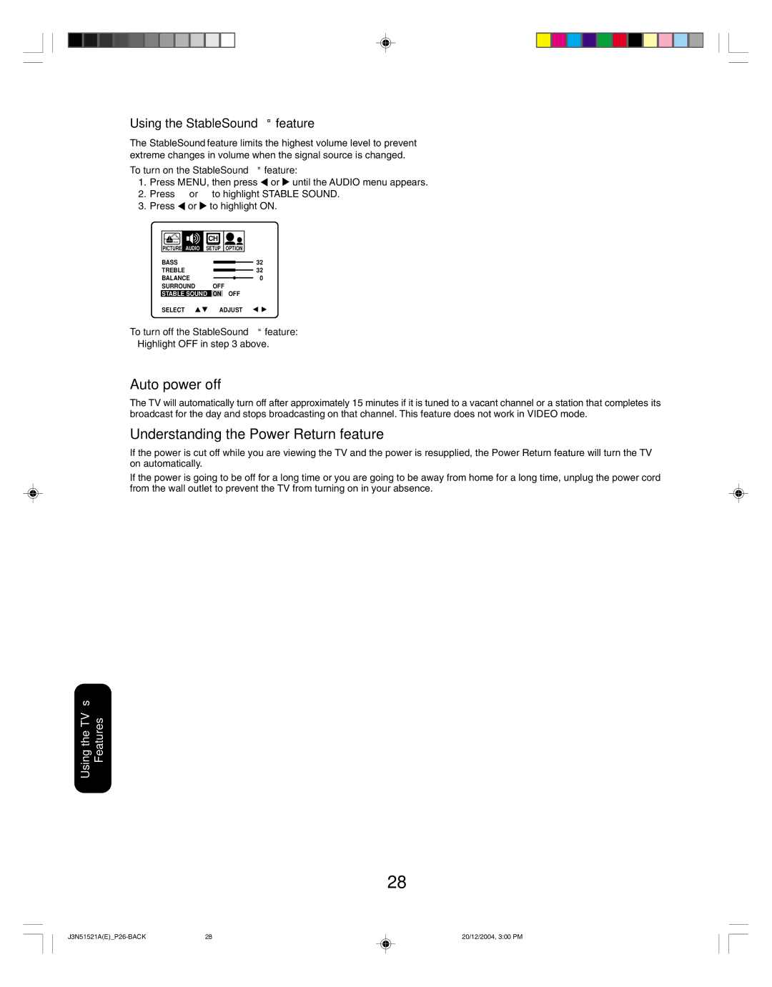 Toshiba 32A35C appendix Auto power off, Understanding the Power Return feature, Using the StableSound feature 