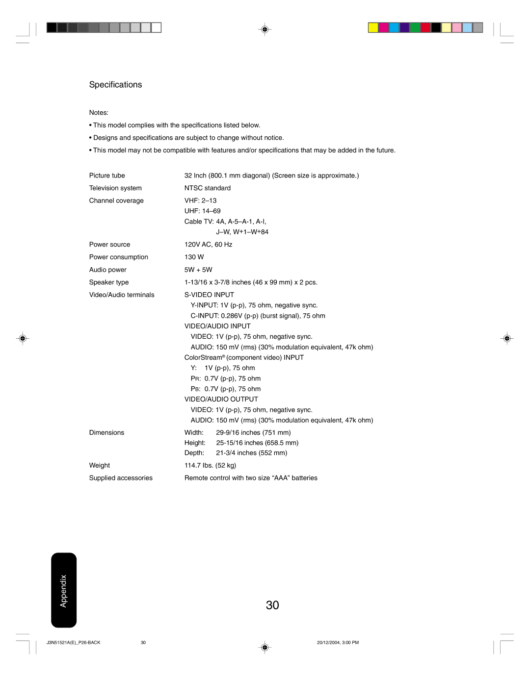 Toshiba 32A35C appendix Specifications 