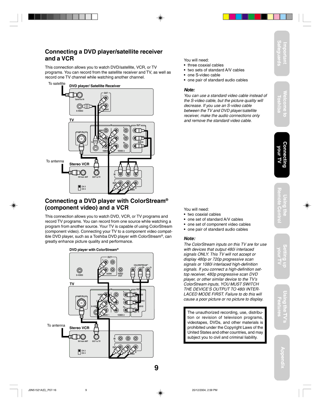 Toshiba 32A35C appendix Connecting a DVD player/satellite receiver and a VCR 