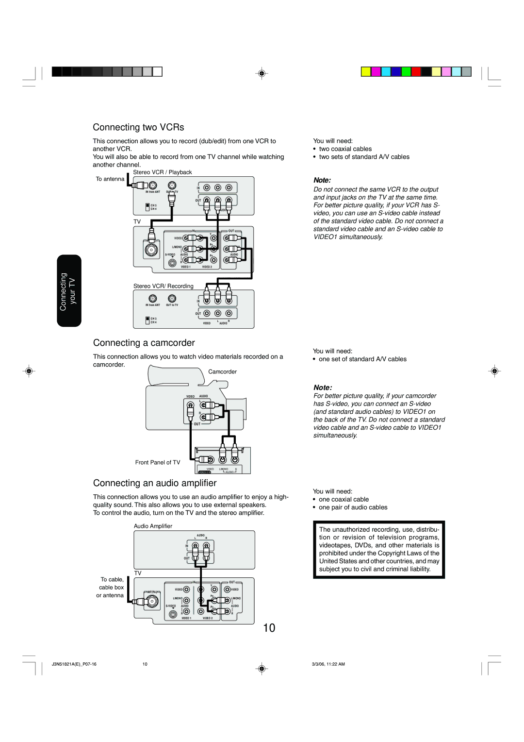 Toshiba 32A36C appendix Connecting two VCRs, Connecting a camcorder, Connecting an audio amplifier, One coaxial cable 