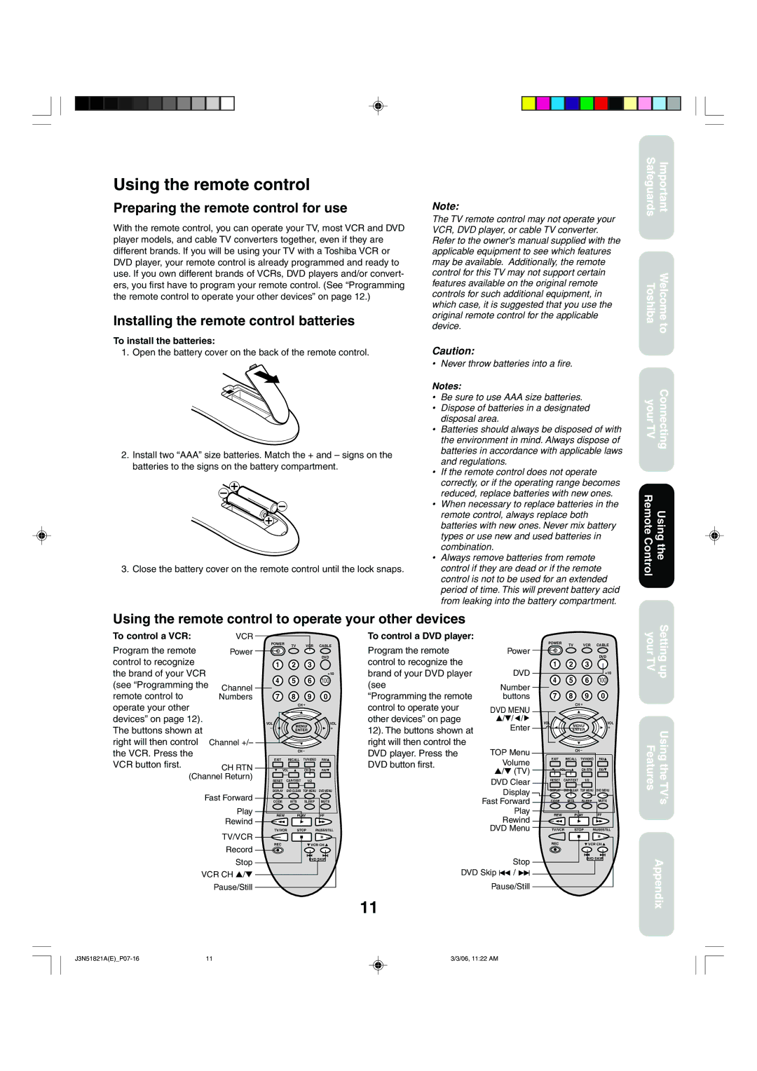 Toshiba 32A36C Using the remote control, Preparing the remote control for use, Installing the remote control batteries 