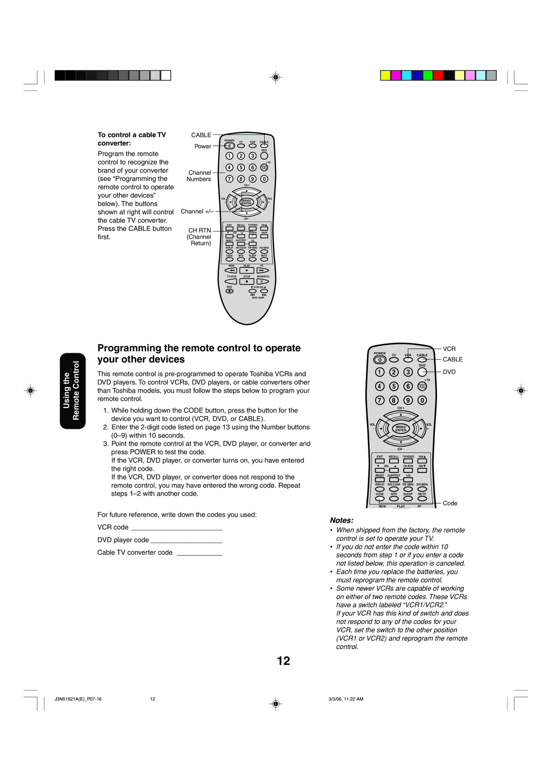 Toshiba 32A36C appendix Programming the remote control to operate, Your other devices, To control a cable TV converter 