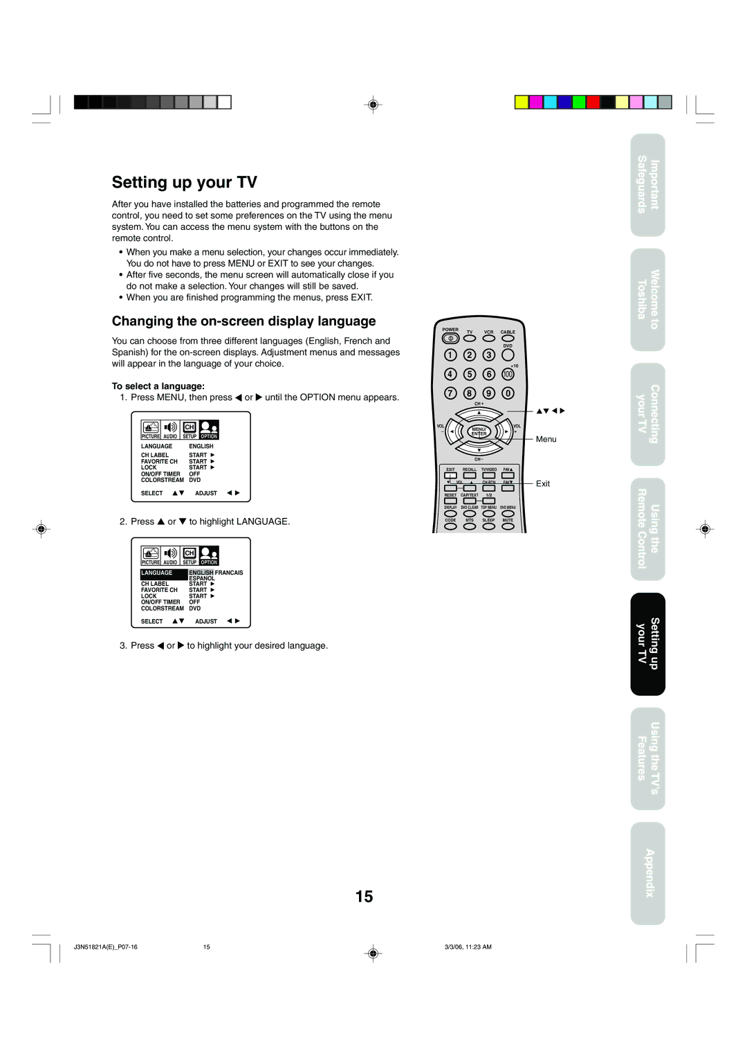 Toshiba 32A36C appendix Setting up your TV, Changing the on-screen display language, To select a language 