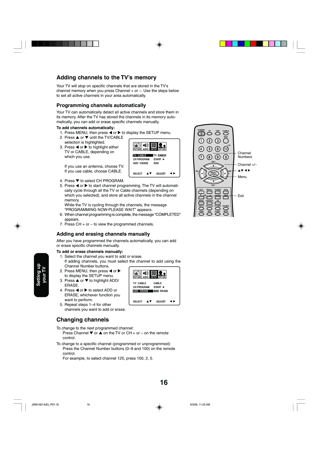 Toshiba 32A36C appendix Adding channels to the TV’s memory, Changing channels, Programming channels automatically 