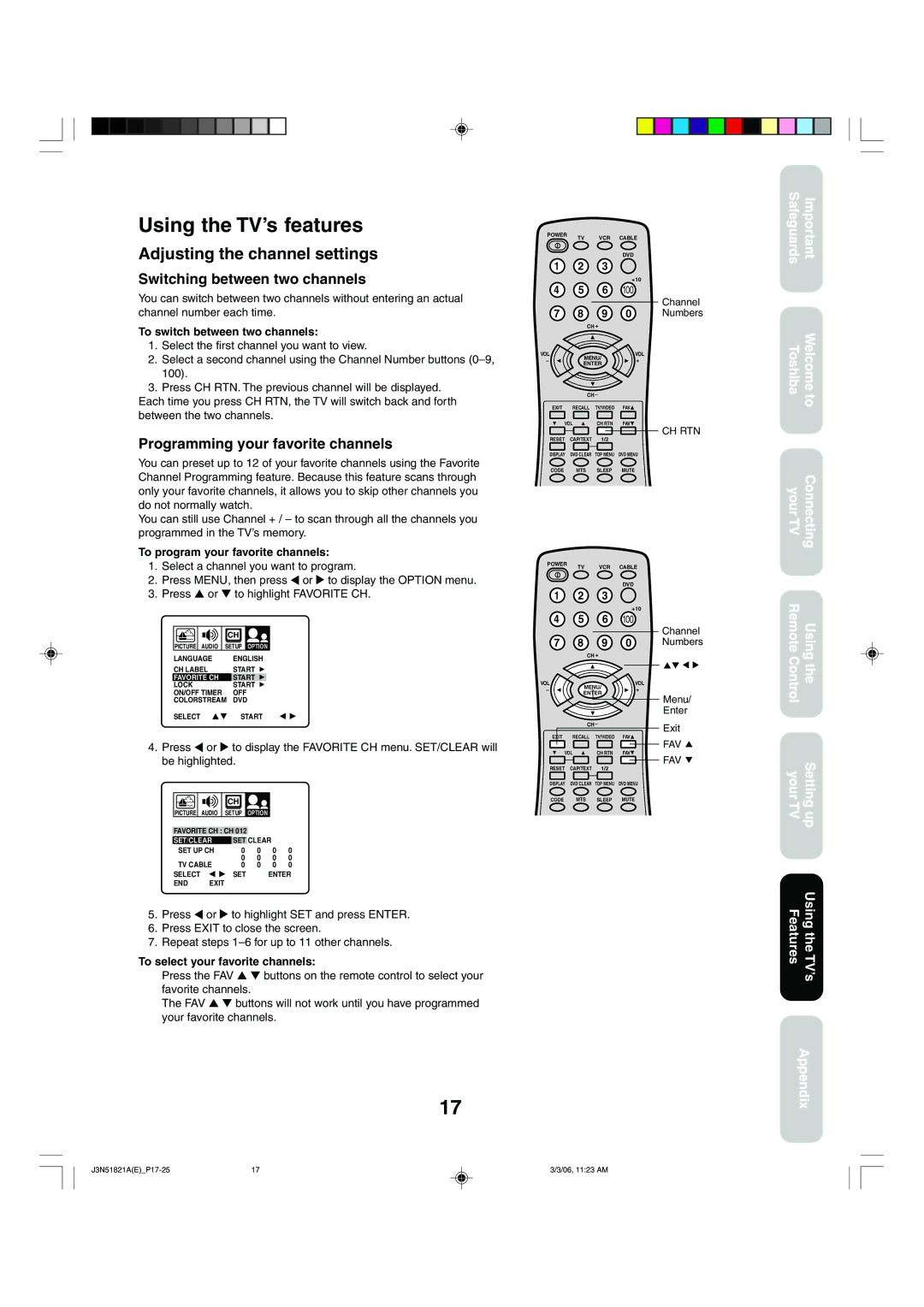 Toshiba 32A36C appendix Using the TV’s features, Adjusting the channel settings, Switching between two channels 