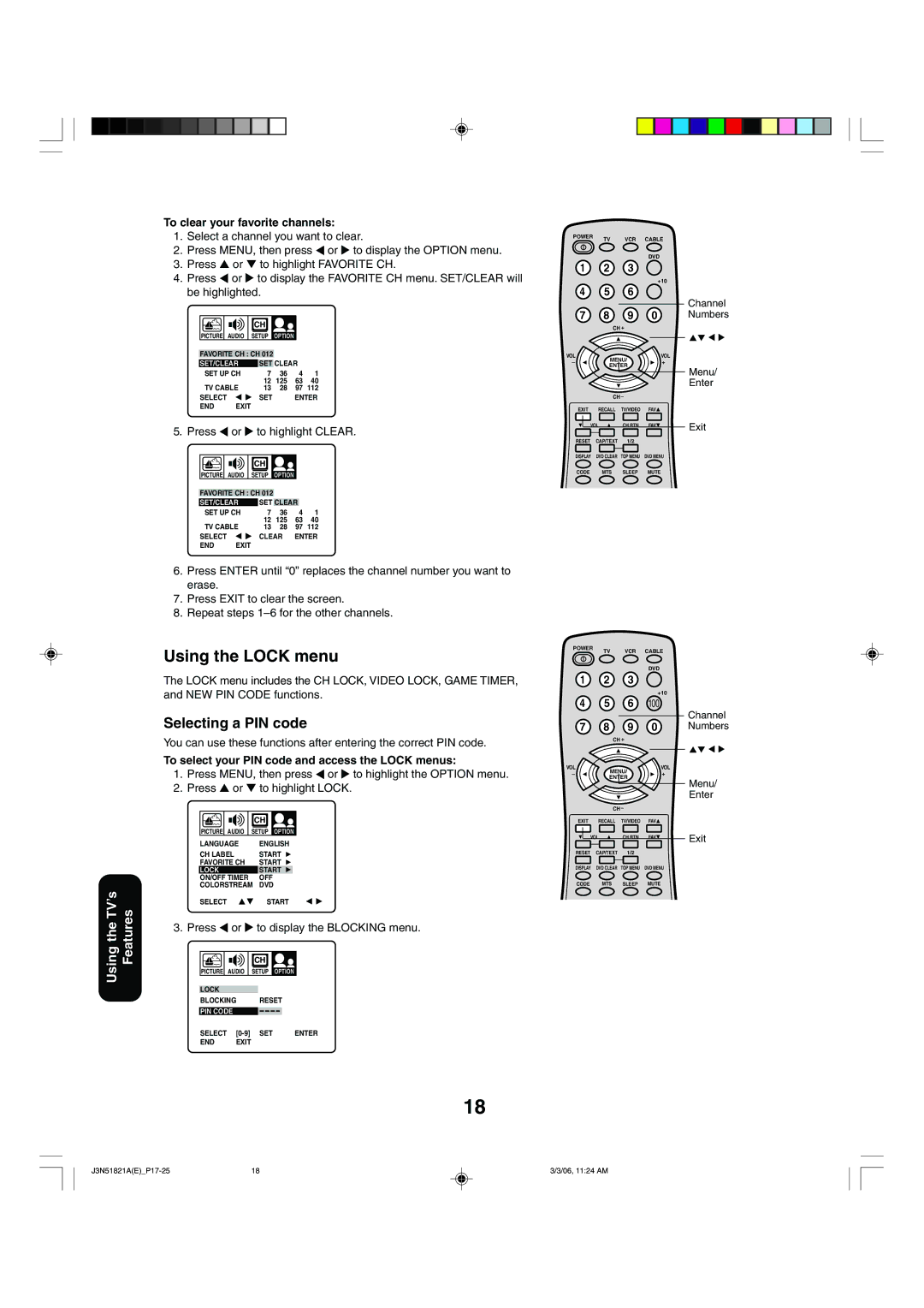 Toshiba 32A36C appendix Using the Lock menu, Selecting a PIN code, To clear your favorite channels, Press 