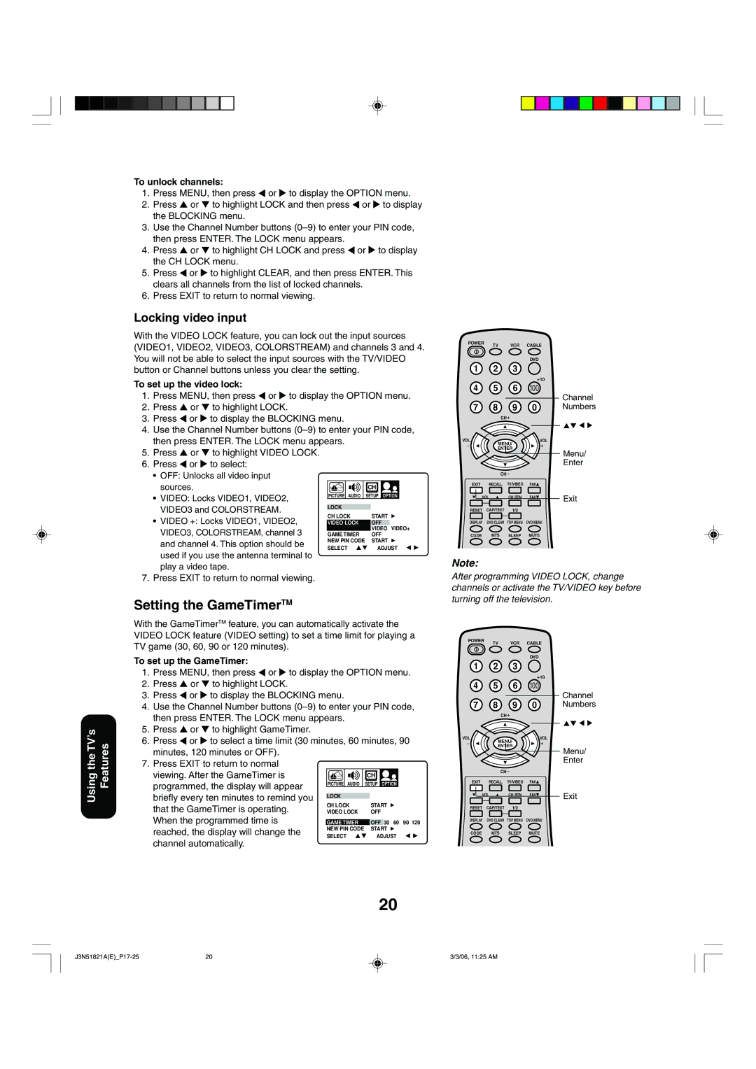 Toshiba 32A36C appendix Setting the GameTimerTM, Locking video input, To unlock channels, To set up the video lock 