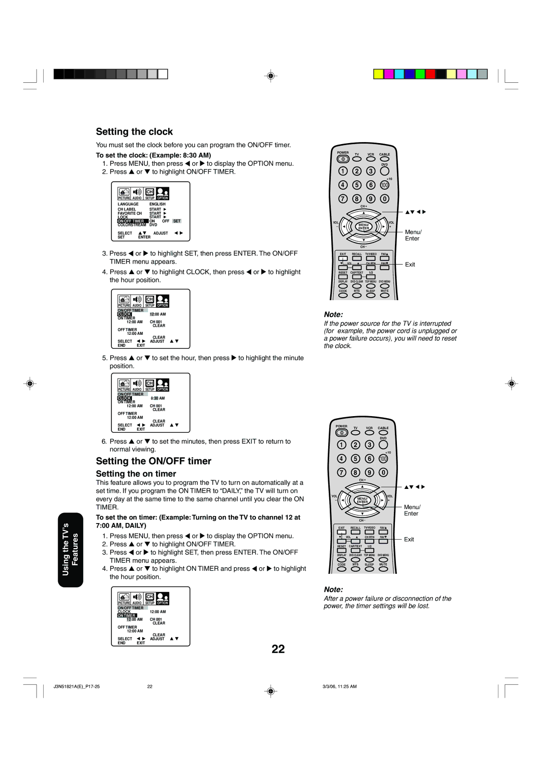 Toshiba 32A36C appendix Setting the clock, Setting the ON/OFF timer, Setting the on timer, To set the clock Example 830 AM 