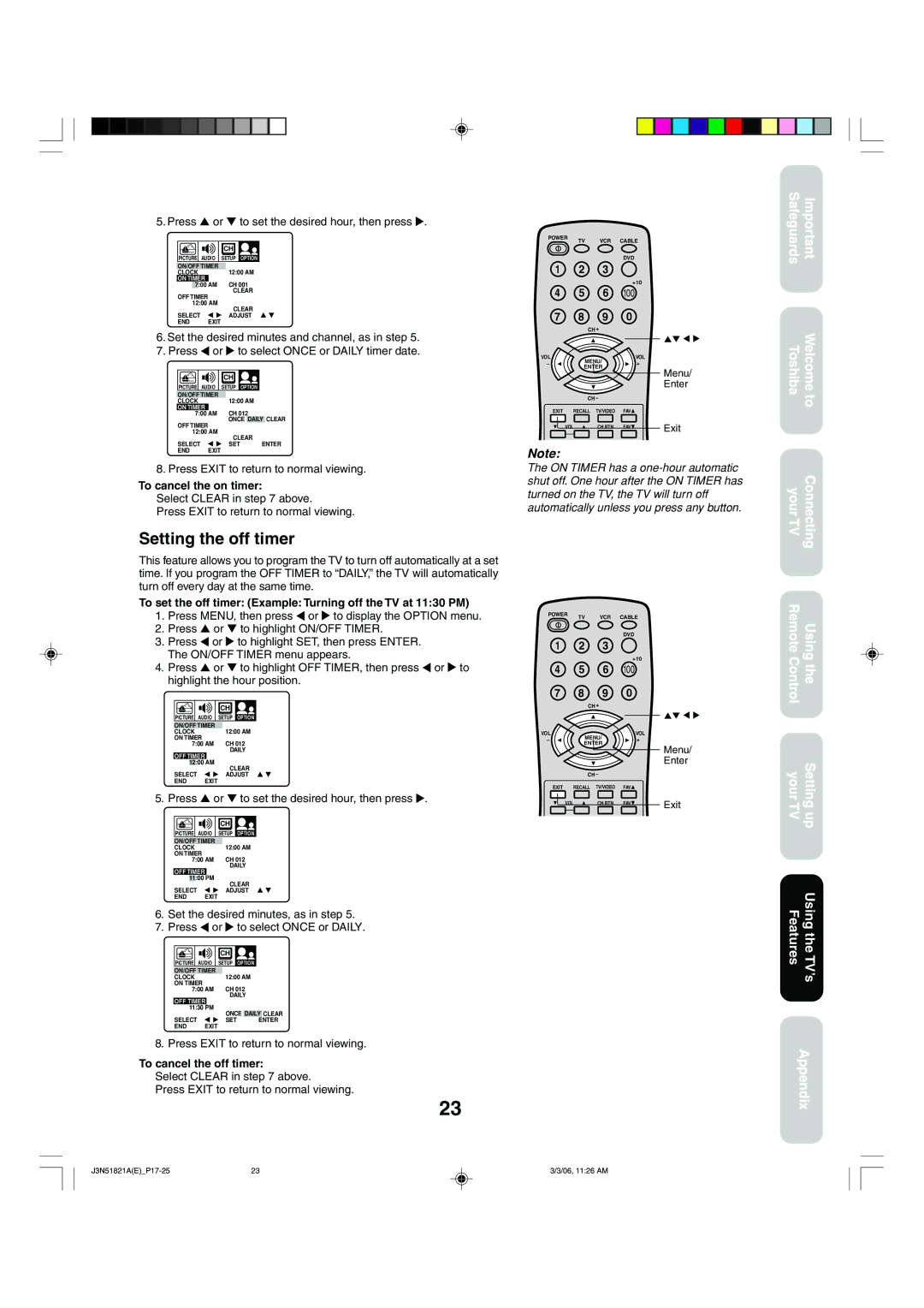 Toshiba 32A36C appendix Setting the off timer, Press or to set the desired hour, then press, To cancel the on timer 